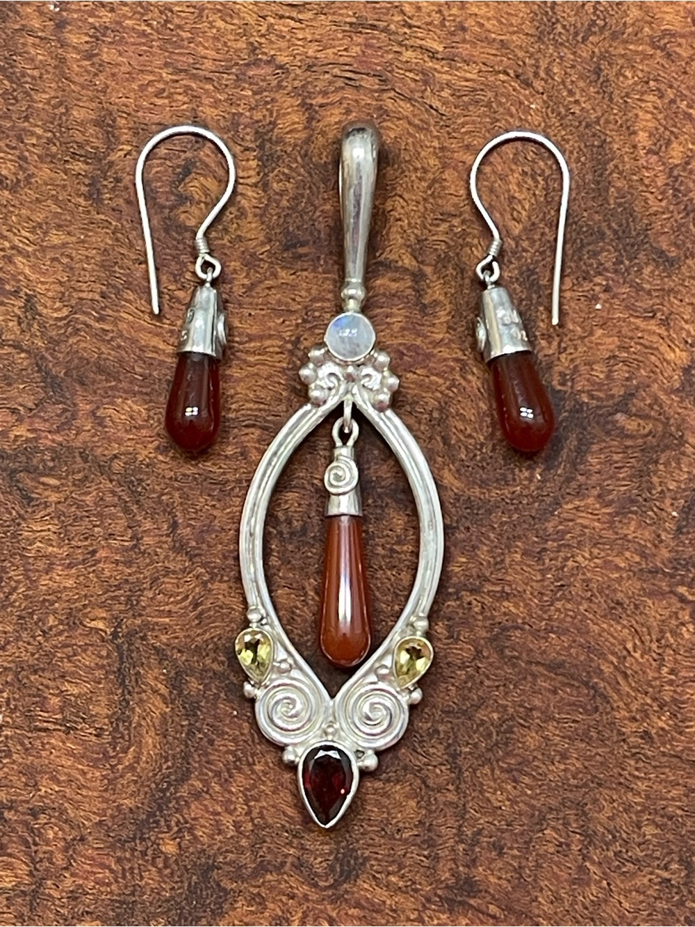 Vintage Sajen 925 sterling silver multi-gemstone pendant & earring set bohemian